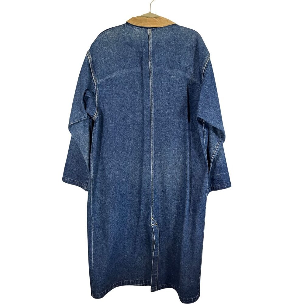 Vintage Lee Denim Corduroy Chore Coat L Blue Jean Duster Trench Barn 70s Work - Picture 11 of 15